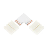 LYYT RGB LED Strip 12mm L connector by AVSL, showing white polycarbonate L-shaped PCB with R, G, B and +12V pads alongside two clip-shut housings.
