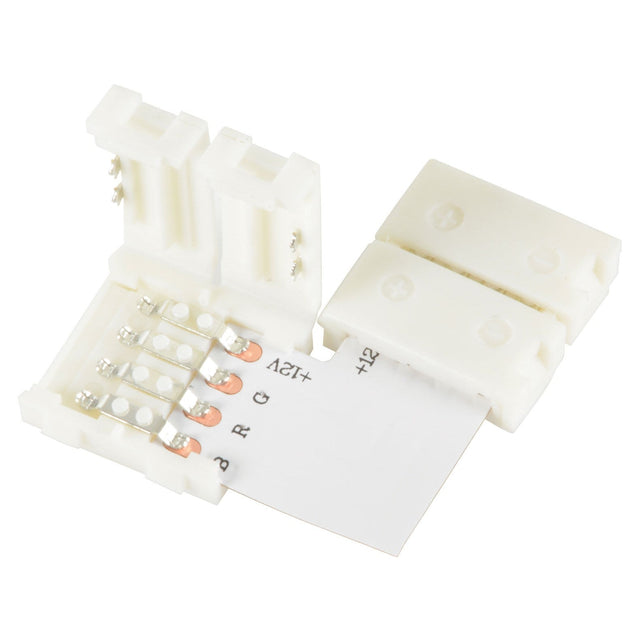 The image displays a white LYYT RGB LED Strip L Connector 12mm, showcasing markings for +12V, R, G, and B. This snap-fit connector includes two hinged parts that reveal metal contacts inside. It is open, showing a strip section with circuit paths perfectly aligned to the contacts.