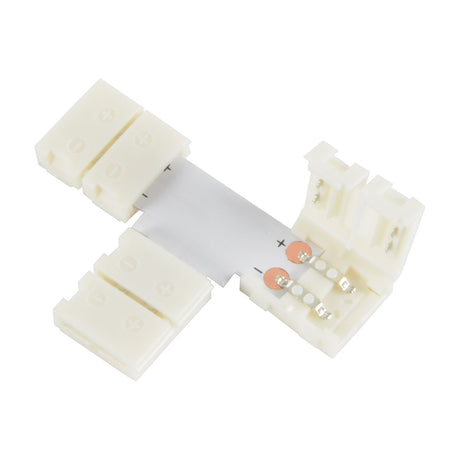 LYYT 10mm single colour LED strip T connector with snap-fit clamps and exposed copper contact pads, shown on a plain white background.