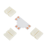 LYYT 10mm single colour LED strip T connector with three snap-fit clamps and a T-shaped PCB showing copper contacts, on a white background.