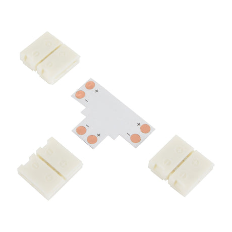 LYYT 10mm single colour LED strip T connector with three snap-fit clamps and a T-shaped PCB showing copper contacts, on a white background.