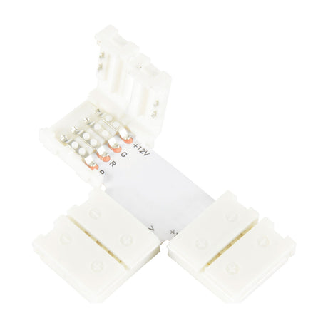 LYYT RGB LED Strip T Connector in white ABS with snap-fit clips, four-pin contacts and +12V, R, G, B markings, shown open on a white background.