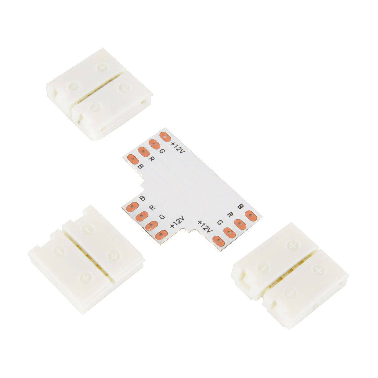 LYYT RGB LED Strip T Connector 12mm by AVSL, showing the T-shaped PCB with labelled RGB and +12V pads alongside three white snap-fit clip housings.