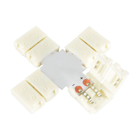 LYYT single colour LED strip X connector with four white snap-fit 10mm terminals around a central cross board, shown on a plain white background.