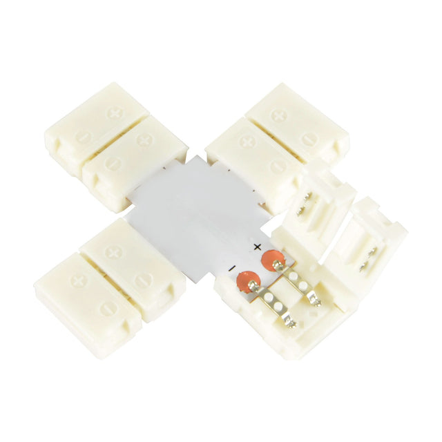 LYYT single colour LED strip X connector with four white snap-fit 10mm terminals around a central cross board, shown on a plain white background.