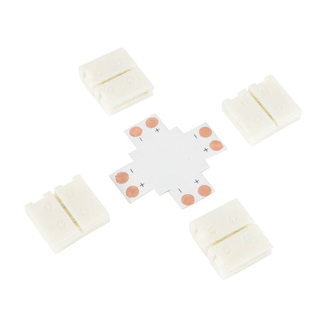 LYYT single colour LED strip X connector with cross-shaped PCB and four white snap-fit terminal clips on a plain background.