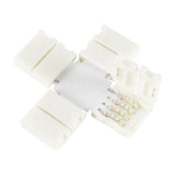 LYYT RGB LED Strip X Connector by AVSL, white plastic four-way snap-fit junction piece for 12mm tape with visible copper contact plates, on a white background.