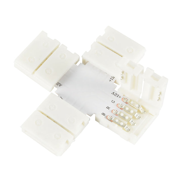 LYYT RGB LED Strip X Connector by AVSL, white plastic four-way snap-fit junction piece for 12mm tape with visible copper contact plates, on a white background.