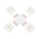 LYYT RGB LED Strip X Connector 12mm shown as a cross-shaped PCB with RGB and 12V pads, alongside four white snap-fit clip housings on a white background.