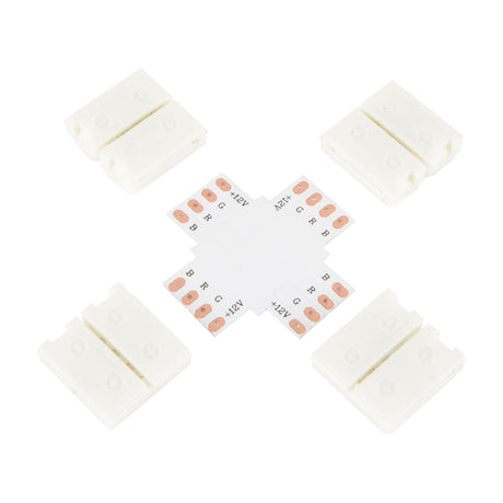 LYYT RGB LED Strip X Connector 12mm shown as a cross-shaped PCB with RGB and 12V pads, alongside four white snap-fit clip housings on a white background.