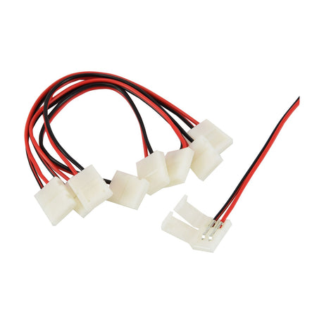 LYYT single colour LED strip flexible link connectors with 150mm red and black two-core cables and white snap-fit clips for 8mm tape, pack of five.