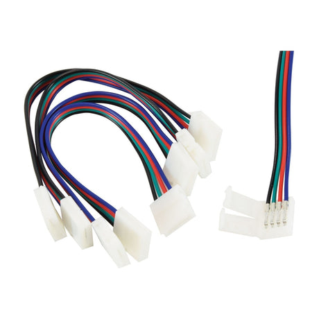 LYYT DIY RGB flexible link connectors with 150mm four-core red, green, blue and black cables and white snap-fit terminal blocks, shown as a 5 pack.