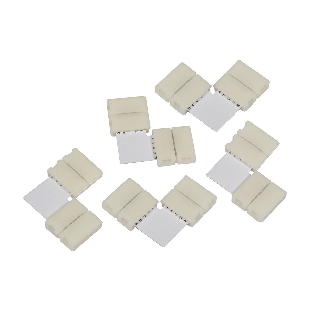 AVSL RGBW LED Strip L Connectors in 12mm, pack of five white snap-fit corner joiners with spring contacts, shown on a plain white background.