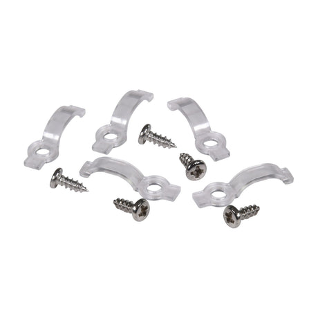 LYYT 10mm Dome Frosted LED Tape Clips and Screws Kit by AVSL, showing five transparent mounting clips with matching silver fixing screws on a white background.