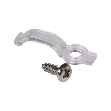 LYYT 10mm dome frosted LED tape kit showing a transparent mounting clip and silver Phillips fixing screw on a white background.