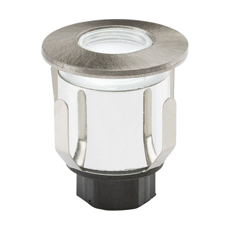 An Outdoor 0.6W 6000K LED Mini Ground Light with 3 Heads, featuring a metallic recessed design, includes a round brushed chrome trim and glass lens. This fixture has a cylindrical shape with a black base, designed for installation into ceilings or panels, boasting an IP65 rating for superior protection.