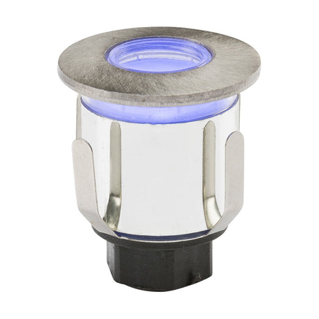 The Outdoor 0.6W Blue LED Mini Ground Light With 3 Heads is a metallic, cylindrical lamp with a blue glowing top, encased in a brushed chrome steel frame. It features an IP65 rating and has a sturdy black base.