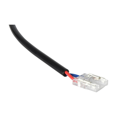 LYYT single colour LED tape crimp connector with red and blue wires in a black sleeve terminating in a clear plastic clip, shown on a white background.