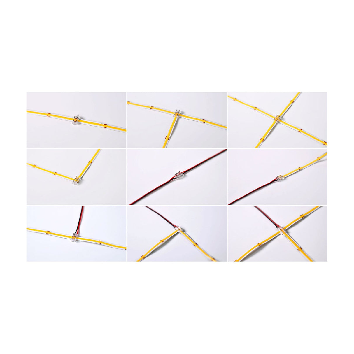 Grid of nine close-ups showing LYYT 8mm transparent COB tape connectors joining LED strips in straight, T, cross, corner and wire-to-tape configurations.