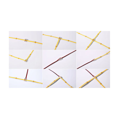 Grid of nine close-ups showing LYYT 8mm transparent COB tape connectors joining LED strips in straight, T, cross, corner and wire-to-tape configurations.