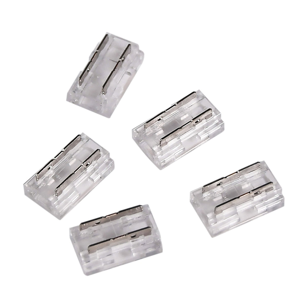LYYT 9-way 10mm transparent COB tape connectors from AVSL, pack of five clear crimp housings with metal contacts, shown on a plain white background.