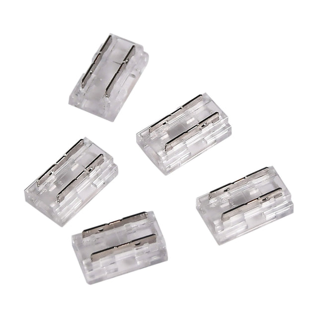 LYYT 9-way 10mm transparent COB tape connectors from AVSL, pack of five clear crimp housings with metal contacts, shown on a plain white background.