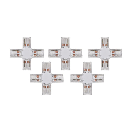 LYYT single colour COB LED strip connectors in a 5 pack, each a transparent four-way cross-shaped press-fit joiner with copper contacts, on a white background.