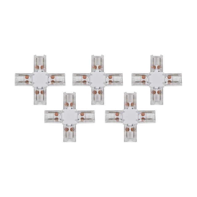 LYYT single colour COB LED strip connectors in a 5 pack, each a transparent four-way cross-shaped press-fit joiner with copper contacts, on a white background.