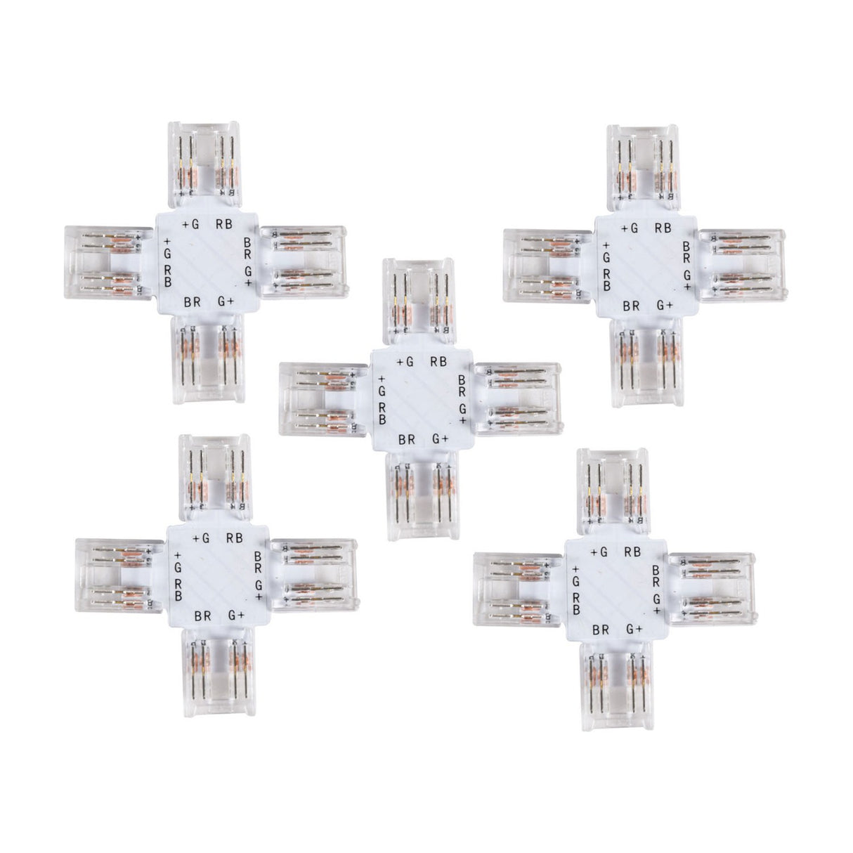 LYYT RGB COB X-Connector 10mm pack of 5 solderless 4-way cross junctions with transparent polycarbonate bodies and labelled ports on a white background.