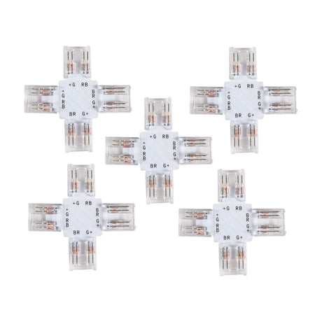 LYYT RGB COB X-Connector 10mm pack of 5 solderless 4-way cross junctions with transparent polycarbonate bodies and labelled ports on a white background.