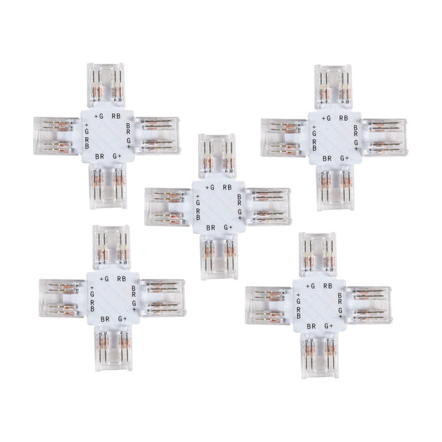 LYYT RGB COB X-Connector 10mm pack of 5 solderless 4-way cross junctions with transparent polycarbonate bodies and labelled ports on a white background.