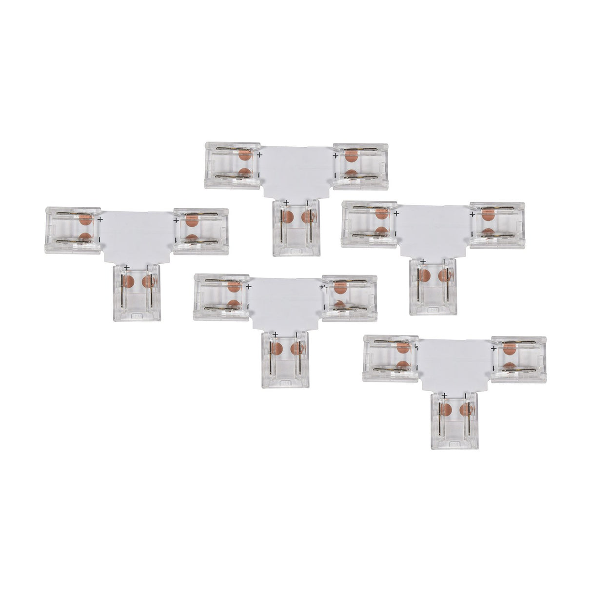 LYYT single colour COB LED strip T connectors in a 5 pack, transparent polycarbonate bodies with copper contacts and crimp tabs, on a white background.