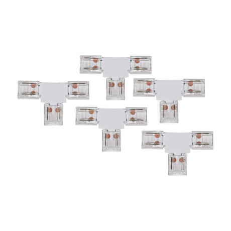 LYYT single colour COB LED strip T connectors in a 5 pack, transparent polycarbonate bodies with copper contacts and crimp tabs, on a white background.