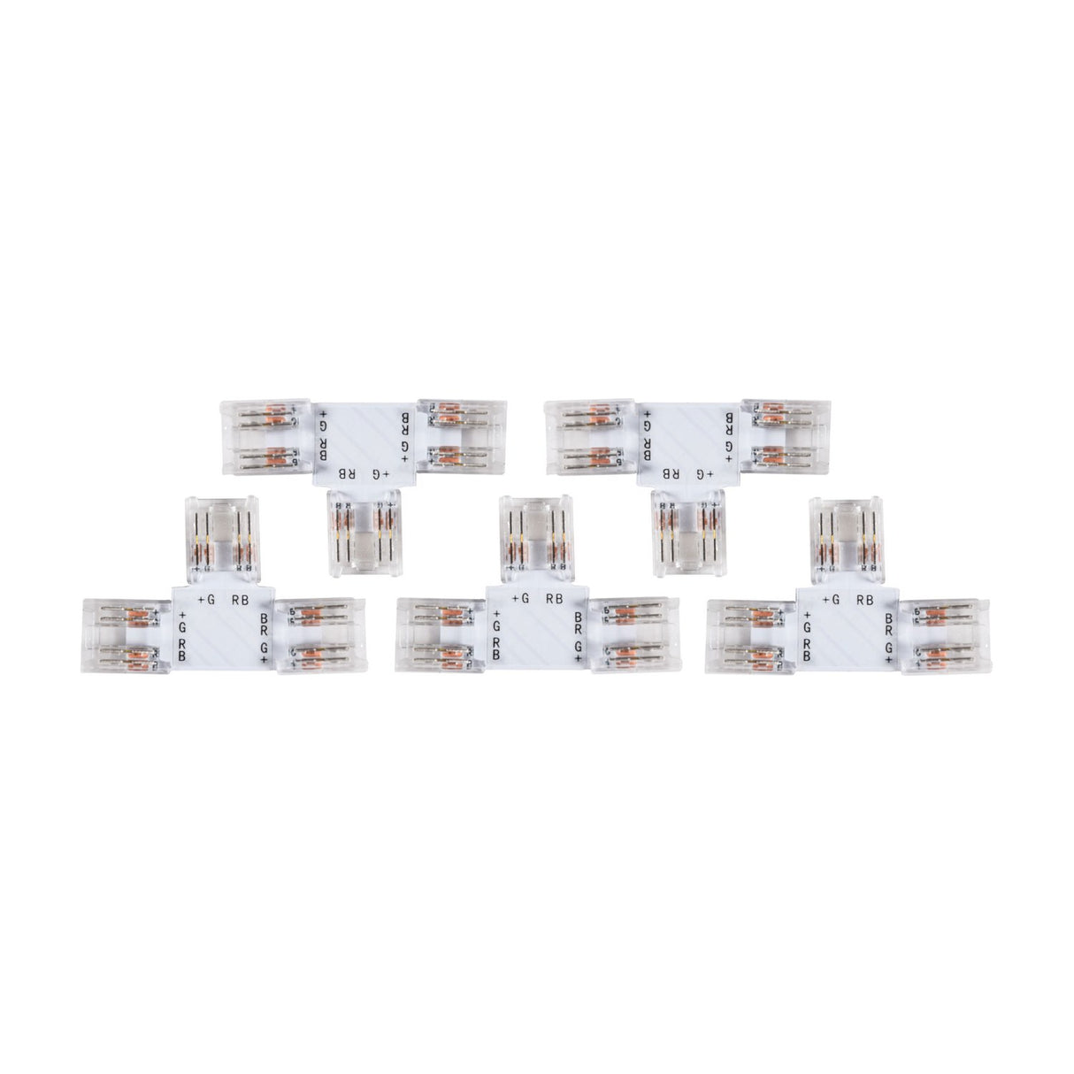 LYYT RGB COB LED strip T-connectors in 10mm size, pack of five transparent clip-in junctions with copper contacts, shown on a plain white background.