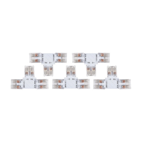 LYYT RGB COB LED strip T-connectors in 10mm size, pack of five transparent clip-in junctions with copper contacts, shown on a plain white background.