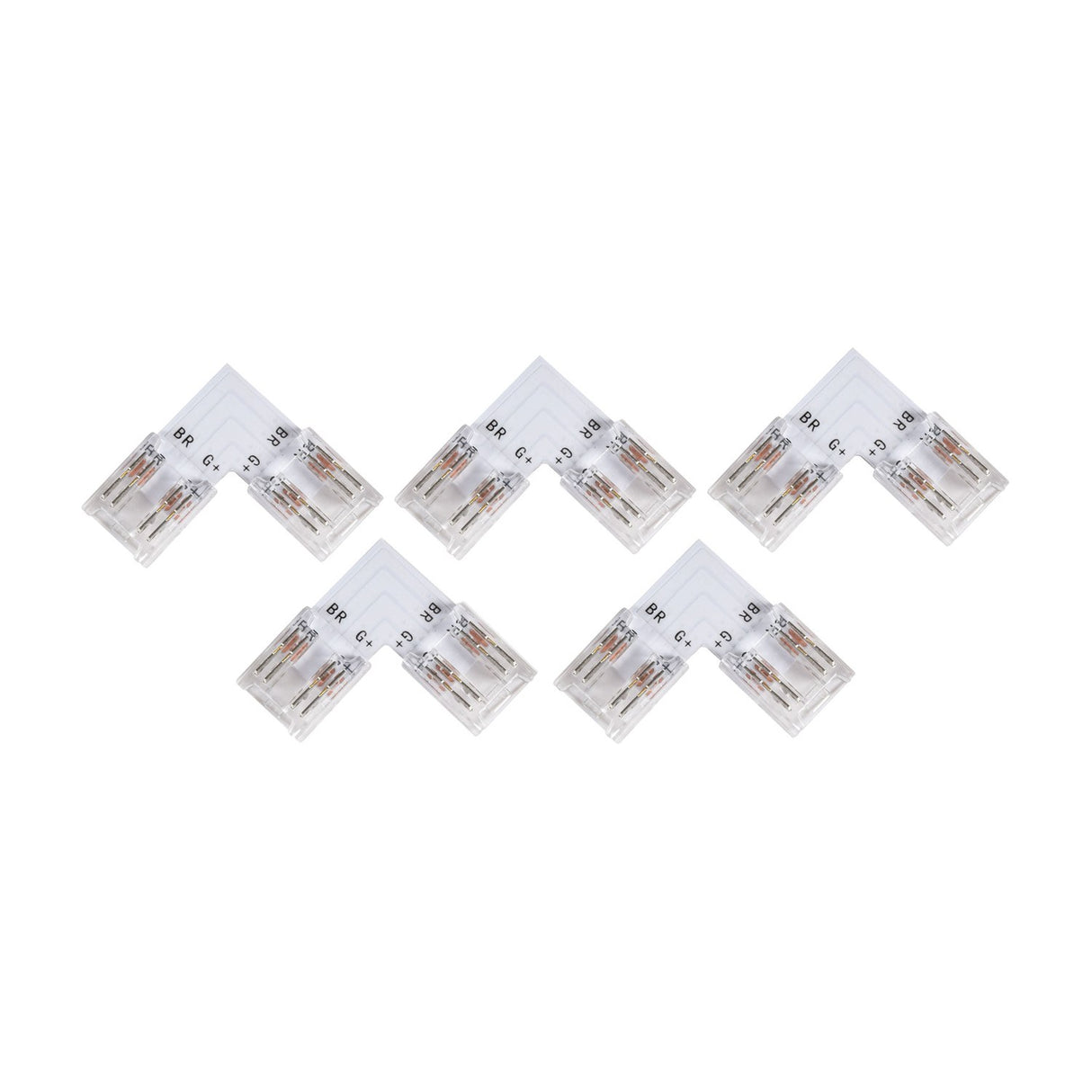 LYYT 10mm RGB COB L-shape strip connectors, 5 pack of transparent polycarbonate 90° corner joiners with visible copper contacts on a white background.
