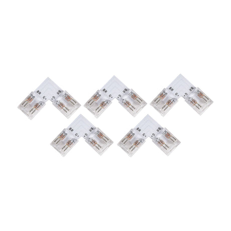 LYYT 10mm RGB COB L-shape strip connectors, 5 pack of transparent polycarbonate 90° corner joiners with visible copper contacts on a white background.