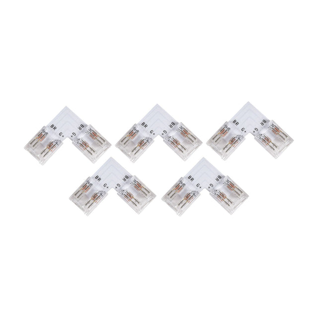 LYYT 10mm RGB COB L-shape strip connectors, 5 pack of transparent polycarbonate 90° corner joiners with visible copper contacts on a white background.