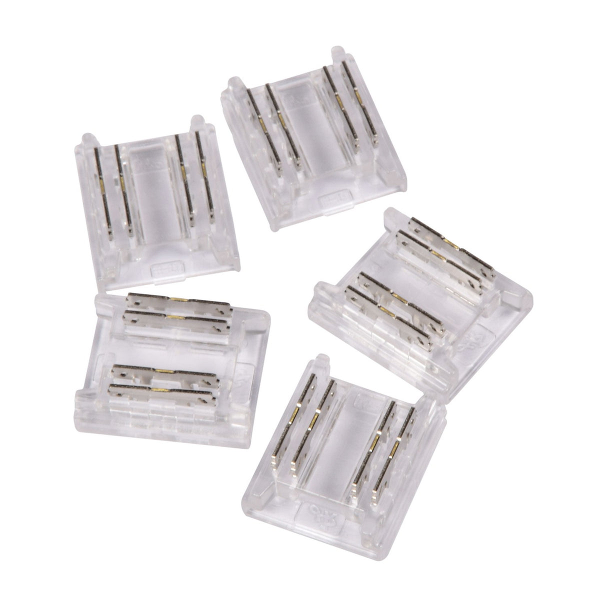 LYYT RGB COB LED strip connectors in a pack of five, clear polycarbonate housings with exposed metal pins and crimp tabs for 10mm strip joins.