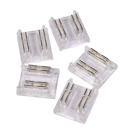 LYYT RGB COB LED strip connectors in a pack of five, clear polycarbonate housings with exposed metal pins and crimp tabs for 10mm strip joins.