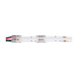 LYYT RGB COB LED strip connectors joining a 10mm strip to a four-wire lead, with clear housings and visible contacts on a white background.