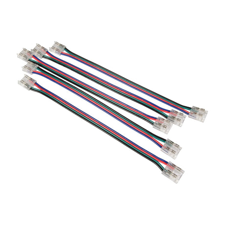 LYYT RGB COB LED strip flexible link connectors from AVSL, five-pack of four-core red, green, blue, and black cables with clear crimp-fit end clips.