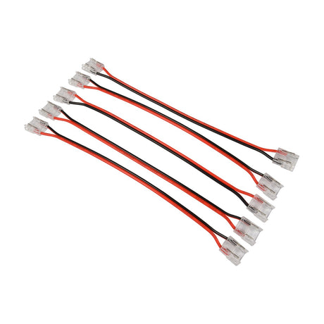 LYYT single colour COB LED strip flexible link connectors, 5 pack of solderless crimp terminals joined by red and black twin-core wires on white.