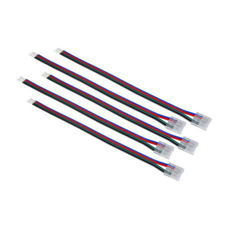 LYYT RGB COB LED strip flexible link connectors in a five pack, each with four-wire red, green, blue and black leads and clear crimp housings.