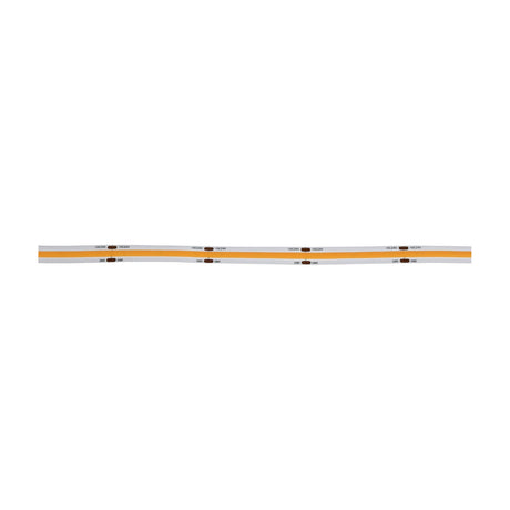 LYYT 24V COB LED strip light reel in warm white 3000K, showing continuous yellow-toned tape with marked +DC24V and GND solder points on white backing.