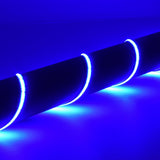 LYYT 24V COB RGB LED strip light by AVSL, coiled around a dark cylindrical form, emitting continuous blue illumination along its 10mm silicone ribbon.