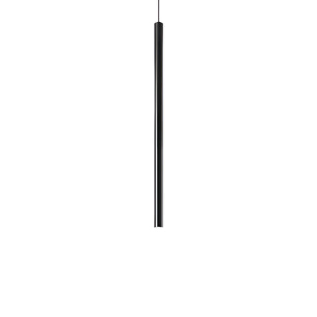Against a white backdrop, the Luxora LED Round Light Pendant 11.5W 3000K in Black, with its minimalist design and slender cylindrical shape, elegantly dangles from a thin cable—an ideal choice for modern decor and energy-efficient lighting.