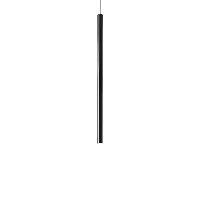 Against a white backdrop, the Luxora LED Round Light Pendant 11.5W 3000K in Black, with its minimalist design and slender cylindrical shape, elegantly dangles from a thin cable—an ideal choice for modern decor and energy-efficient lighting.