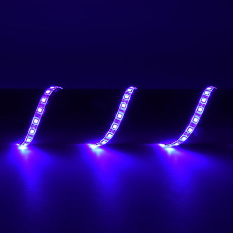 LYYT 12V UV LED strip light shown in three curved sections emitting violet light, flexible tape with visible SMD LEDs on a dark surface.