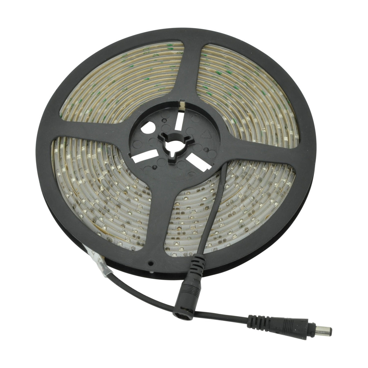 LYYT 12V Red LED Strip Light 5m reel by AVSL, IP65-rated with 60 LEDs per metre on a black plastic spool with DC connector lead, on a white background.